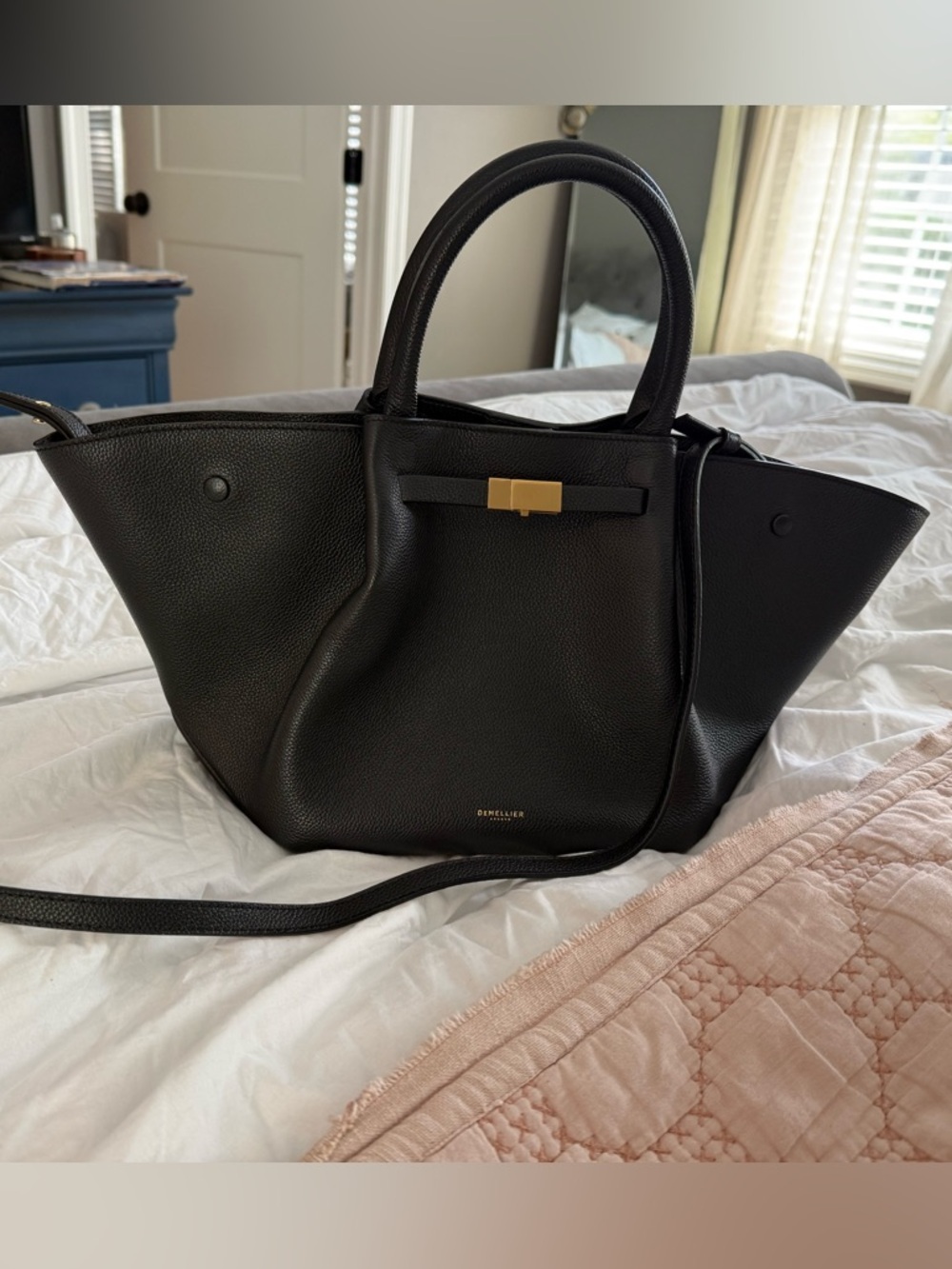 DeMellier NWT wing bag, Black Pebble Leather Top-Handle Tote with Gold Accent